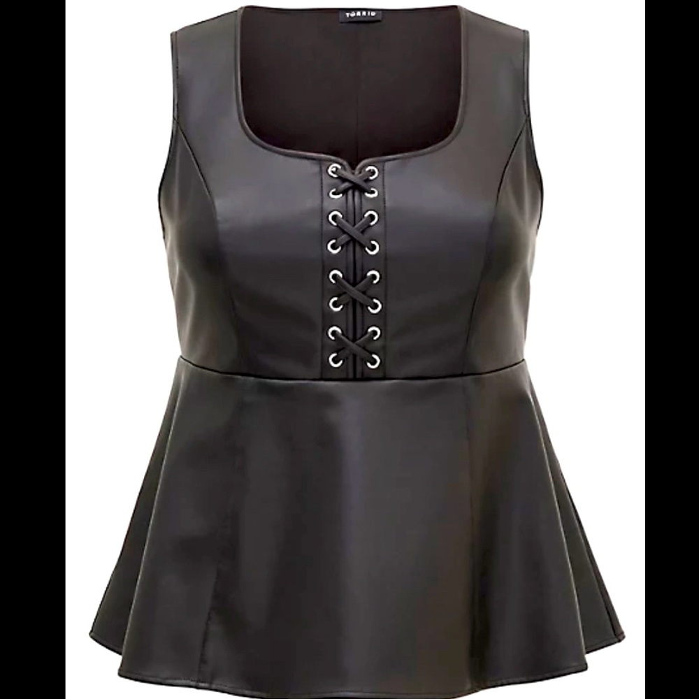 BLACK FAUX LEATHER LACE-UP PEPLUM TOP Size 1